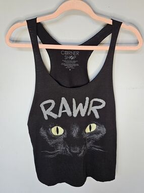 Corner Shop RAWR Black Cat Eyes Graphic Racerback Tank Top Size M